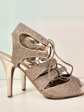 Gold Strappy Lace-Up Heels | Metallic Stiletto Sandals | Open Toe | Size 7.5